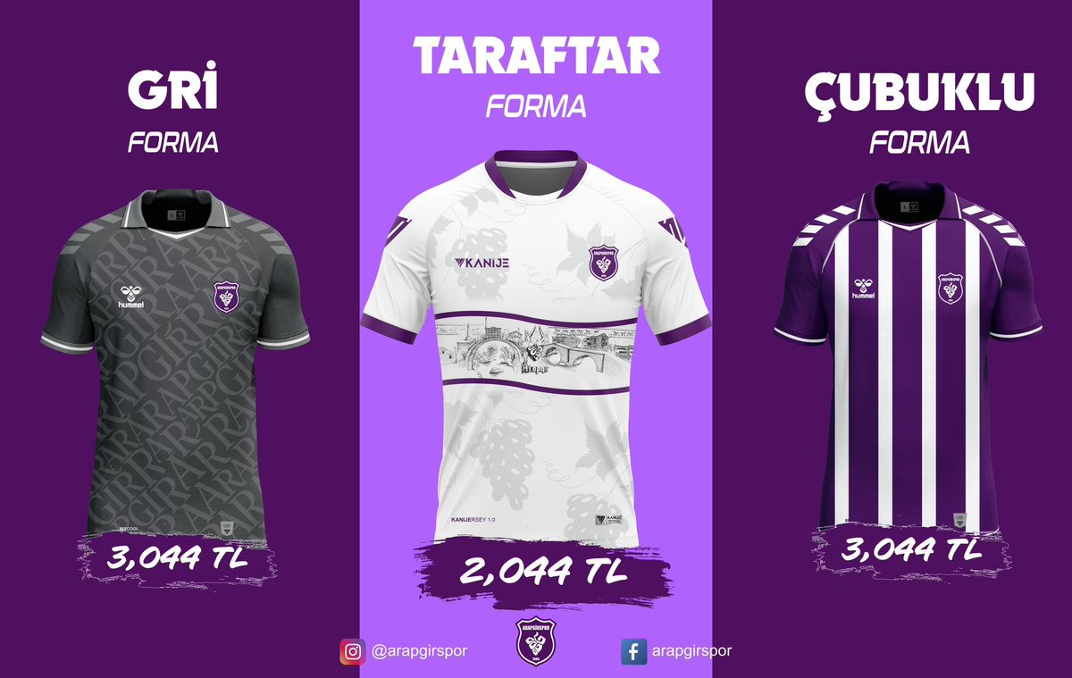 Arapgirsporumuzun 2025/26 sezonu iç saha ,deplasman ve taraftar formaları değerli taraftarlarımızın beğenisine sunuldu. Dm üzerinden bilgi alıp sipariş verebilirsiniz.