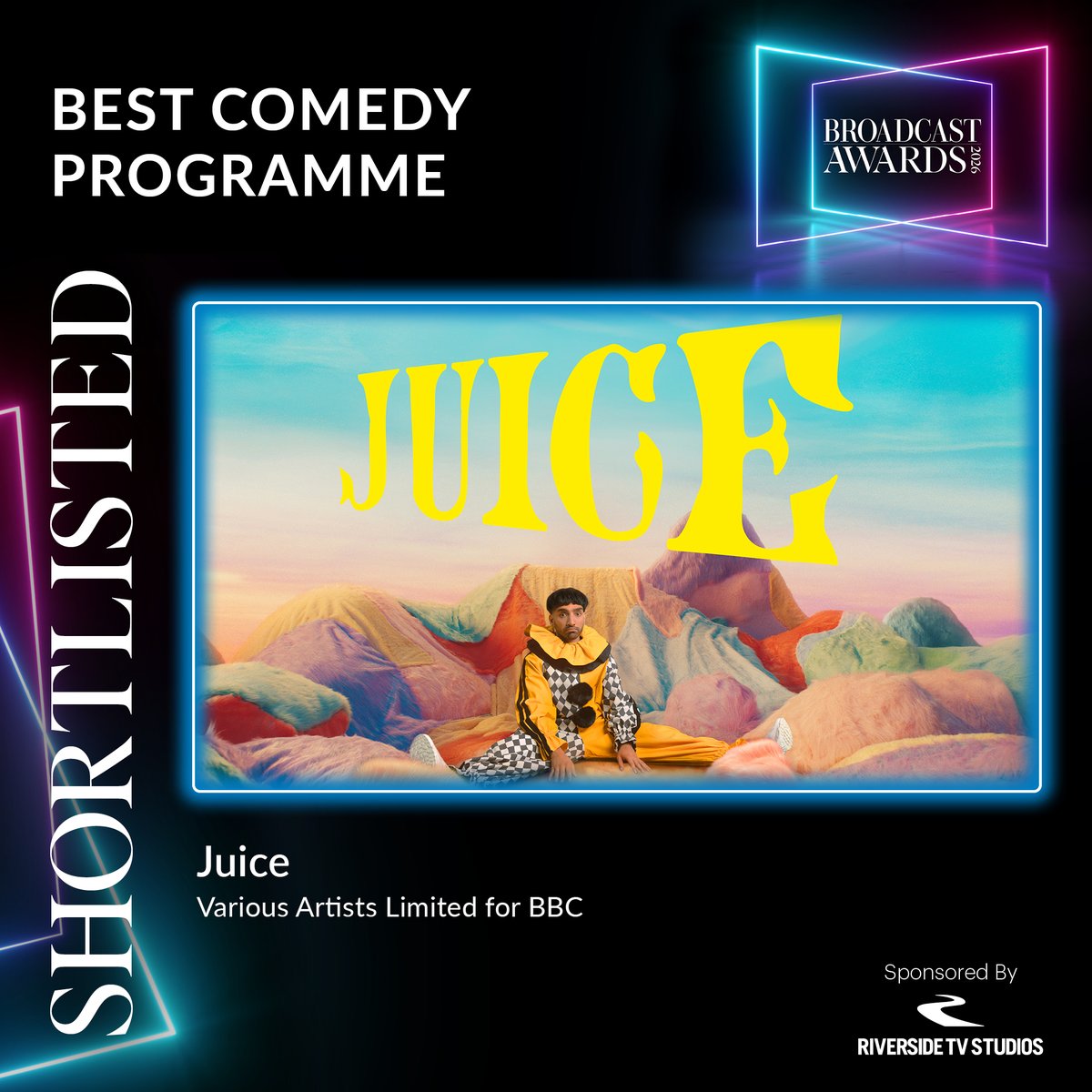 BroadcastAwards's tweet photo. Nominated for Best Comedy Programme sponsored by @RiversideTVLDN is Juice, @variousartistsl for @BBC

✨Join us on the 4th of February, book your table now! https://t.co/nNgcHHD0eh

#BA2026 #BroadcastAwards #Production #TV #Broadcast #TVProduction #ChildrenTV #Comedy #Drama #Documentary #News #CurrentAffairs #Streamers #Daytime #Entertainment #PostProduction #RealityTV #Sports #Broadcasters