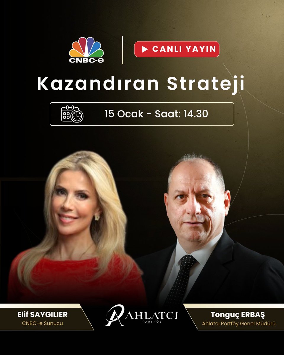 AhlatciPortfoy's tweet image. Ahlatcı Portföy Genel Müdürü Tonguç Erbaş, bugün saat 14.30'da CNBC-e ekranlarında Elif Saygılıer’in sunduğu “Kazandıran Strateji” programına canlı yayın konuğu olarak katılacak.

@Tongucerbas @elif_saygilier @cnbceofficial 

#AhlatcıPortföy #KazandıranStrateji