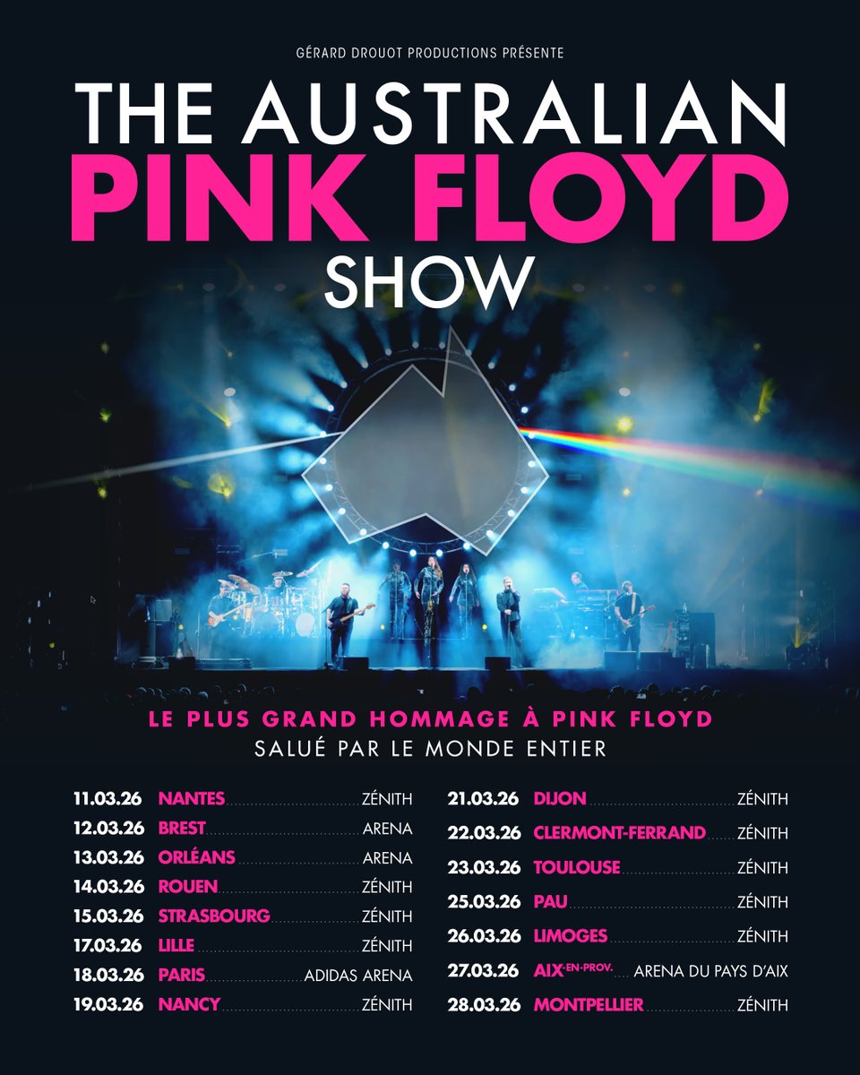 GDP's tweet image. The Australian Pink Floyd Show en tournée dans toute la France en mars 2026.
Souvent décrit comme bien plus qu’un simple groupe hommage, The Australian Pink Floyd Show est le premier spectacle hommage à Pink Floyd à avoir transposé le concept dans des salles du monde entier et à…