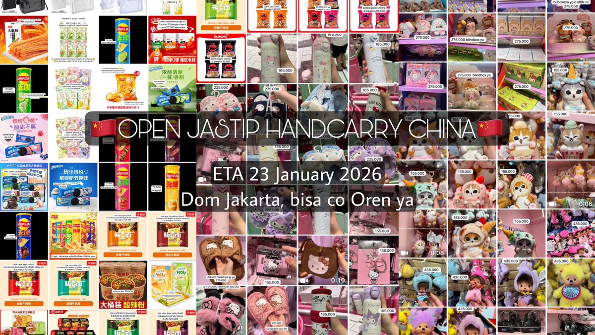 fndiani's tweet image. OPEN JASTIP CHINA HANDCARRY🇨🇳

—eta jkt 23 jan ‘26
—ada group WA
—open for request, nanti coba dicariin

handcarry miniso mofusand popmart toptoy taobao jellycat snack2 jajanan sanrio etc
