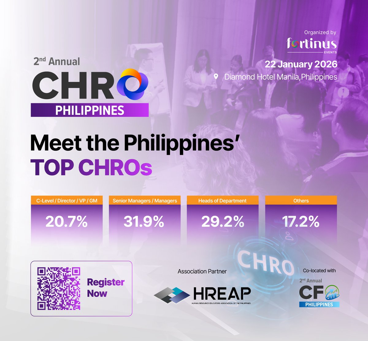 The Human Resource Educators’ Association of the Philippines (HREAP) in partnership with Fortinus Events invites HR leaders, people managers, and decision-makers to take part in the 2nd Annual CHROs &amp; HR Leaders’ Summit Philippines 2026. See you there!  
#FortinusEvent #HREAP