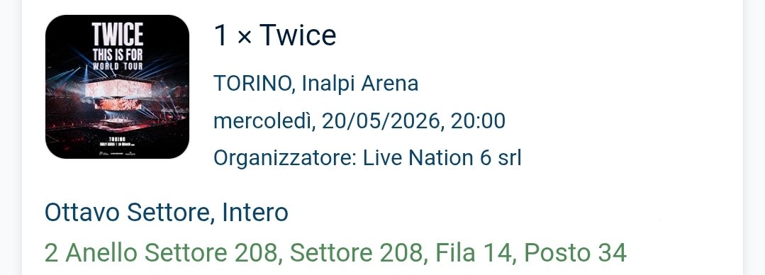 tokkiseo's tweet image. vendo biglietto twice a torino 2 anello settore 208 fila 14 posto 34 x info in chat 
#cercobiglietto #vendobiglietto
#TWICE #TWICE_THISISFOR_WORLD_TOUR #concerti