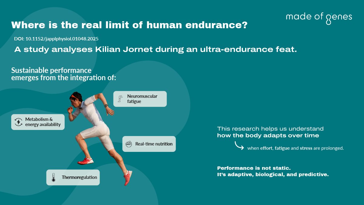 madeofgenes's tweet image. Where is the limit of human endurance?

A study @kilianj shows #durability comes from integrating metabolism, thermoregulation, neuromuscular fatigue &amp;amp; real-time nutrition.

🔗 DOI: 10.1152/japplphysiol.01048.2025

Prediction based on data, #MadeofGenes style