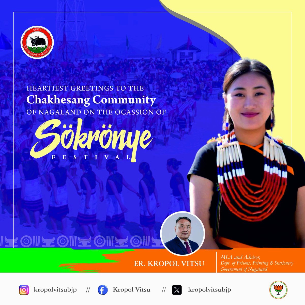 On the auspicious occasion of Sökrönye, I extend my warm greetings to the Chakhesang community. May this festival of renewal and cleansing strengthen unity and bring peace and prosperity.

<a href="/YepthomiBen/">Benjamin Yepthomi</a> <a href="/BJP4India/">BJP</a> <a href="/BJP4Nagaland/">BJP Nagaland</a>