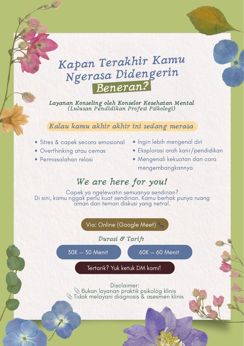 c_loudinary's tweet photo. Kapan terakhir kamu ngerasa benar-benar didengerin?

Im here to listen! Aku seorang konselor lulusan Pendidikan Profesi Psikologi yang sedang menunggu lisensi terbit. Aku open online counseling, ruang aman untuk bercerita &amp; berpikir jernih.

Feel free to DM 🌿
#konselingonline https://t.co/VIdWwar0KC