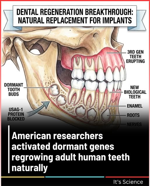 American researchers activated dormant genes regrowing adult human teeth naturally. By blocking USAG-1 protein, scientists triggered tooth buds that normally remain inactive after permanent teeth emerge, causing complete new teeth to grow from the jaw in adults who lost teeth to