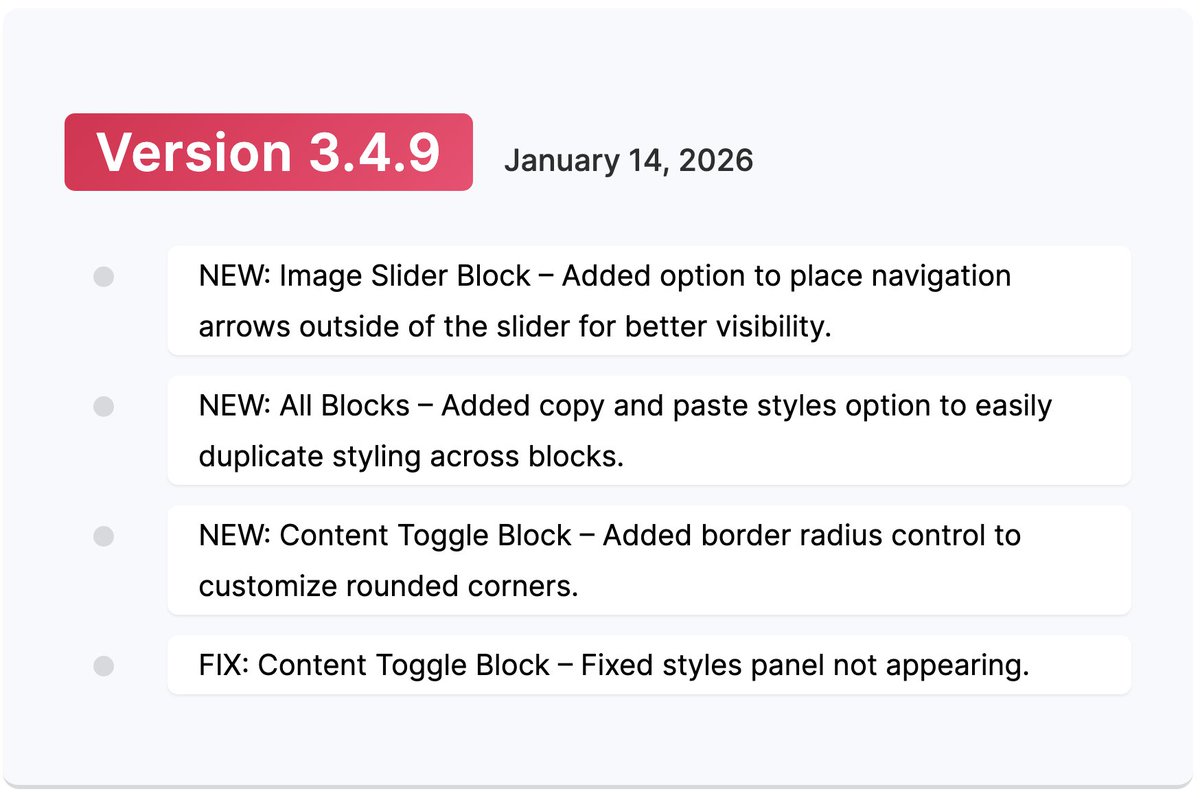 🚀 Ultimate Blocks v3.4.9 is live!

✨ Image Slider: Navigation arrows outside the slider
🎨 Copy &amp; paste styles across blocks
🔘 Content Toggle: Border radius control
🐛 Bug fixes included

Update now and build faster with Gutenberg 💪

#WordPress #Gutenberg #UltimateBlocks