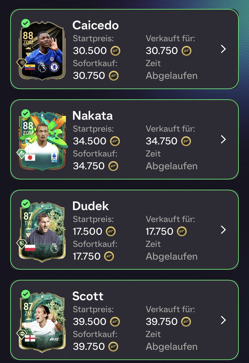 Verkäufe von gestern. 

Aktuell 58 restliche Spieler auf der Liste.

Hoffe bis morgen sind es nurnoch 40.

Vom gebannten Account weiterhin nichts neues, immer noch Warten auf Studio. Naja mal sehen…

#üv #toty #trading #fc26
