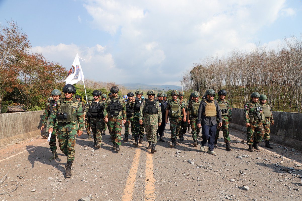 phnompenhpost's tweet photo. AOT inspect infrastructure damage caused by Thai strikes

The ASEAN Observation Team (AOT) visited the Area Chor 1 checkpoint in Ekareach village, Thma Da commune, and at the Mer Teum Bridge, in Veal Veang district, Pursat province, this afternoon, January 15, according to Maly Socheata, spokesperson for the Ministry of National Defence.

“Cambodia reaffirms its firm, sincere and honest commitment to fully and consistently respect and implement the Joint Declaration of the 3rd Special Meeting of the Cambodia-Thailand General Border Committee (GBC) on December 27, 2025, the Joint Statement on the Peace Agreement between Cambodia and Thailand on October 26, 2025,” she said. 

“Cambodia also adheres to other related agreements, in order to rapidly improve and return to normalcy, peace, stability and security for the people living along the borders of both countries,” she added.
