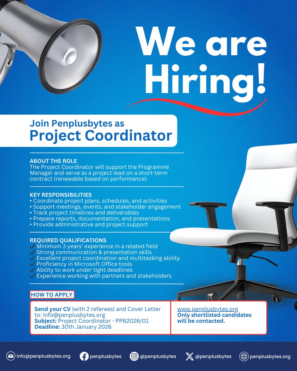 penplusbytes's tweet photo. Penplusbytes is hiring a Project Coordinator to support the implementation of the Ghana Anti-Disinformation Coalition Project under our New Media and Innovations thematic area.
#Penplusbytes
#JobOpportunity
#WeAreHiring
#ProjectCoordinator
#NGOJobs
#GhanaJobs
#AccraJobs https://t.co/GVy90BEXbf