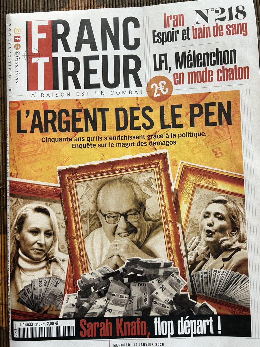 Dans le ⁦<a href="/franctireurmag/">Franc-Tireur</a>⁩ du 14/01/26 tout est dit sur la dynastie Le Pen dans le titre ..assoiffé d’argent et corrompu 🤮