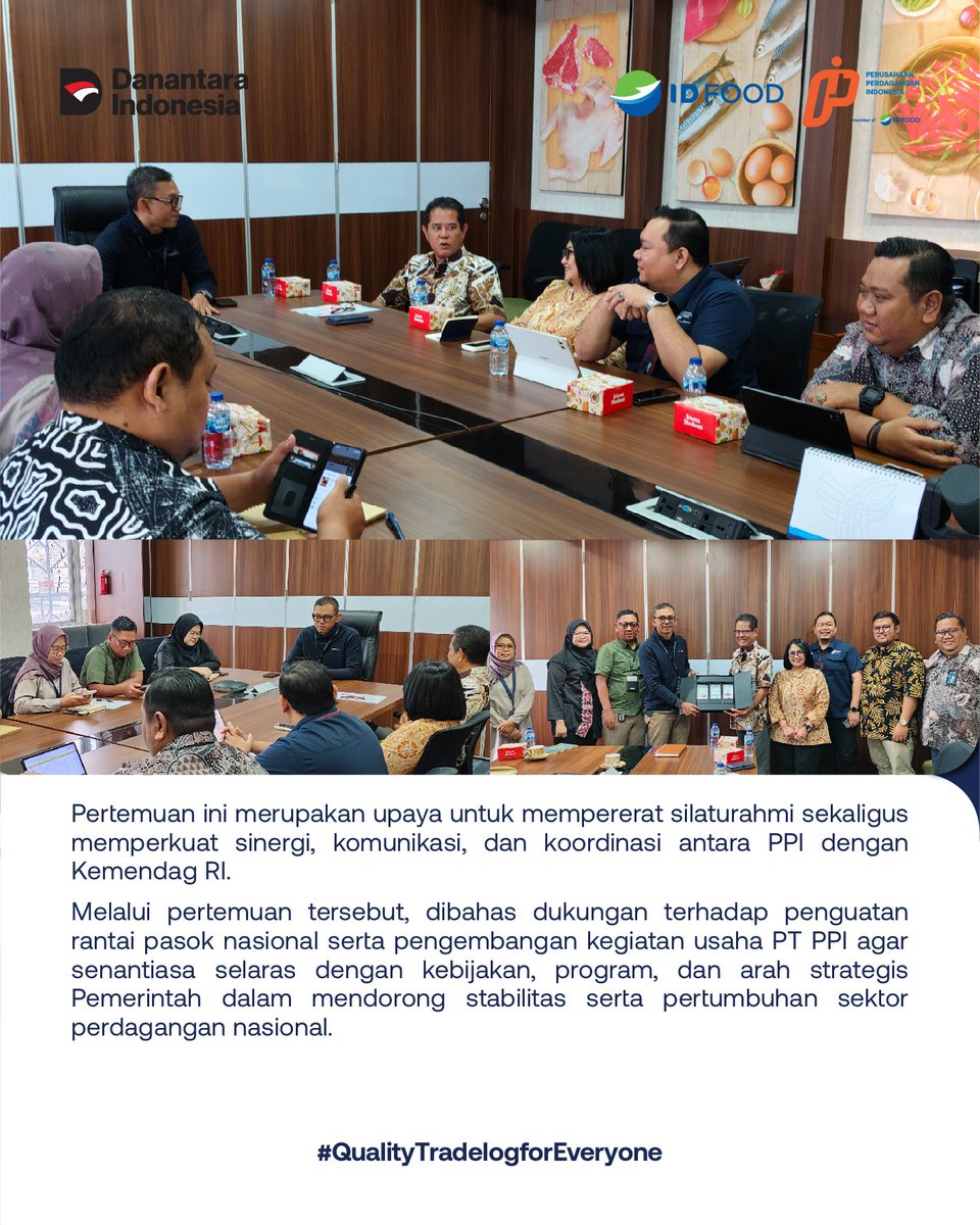 Direktur Komersial dan Pengembangan PT PPI, Edhy Rizwan dan Direktur Operasi PT PPI, Noverita Anggraeny melaksanakan courtesy meeting dengan Direktur Bina Pasar Dalam Negeri, Direktorat Jenderal Perdagangan Dalam Negeri, Kemendag RI), Nawandaru Dwi Putra, di Jakarta
