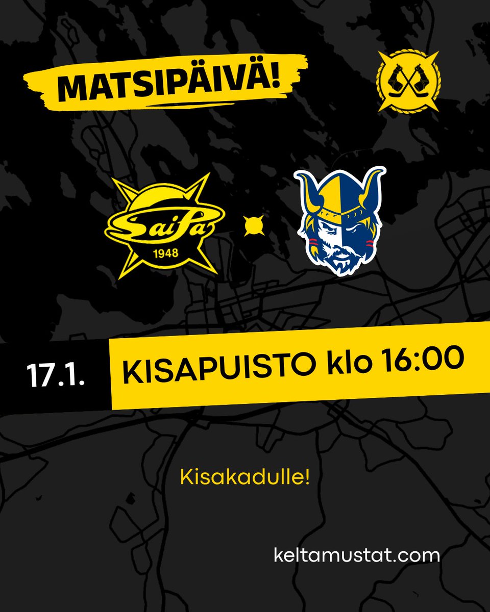 Kotietu ja Mikkelin Jukurit? 🤫

Kiekko jäähän Kisapuistossa kello 16:00.

#SaimaanKeltamustat #SaiPa #MeidänPojat #YhdessäMeTätäTehdään #Pelipäivä
