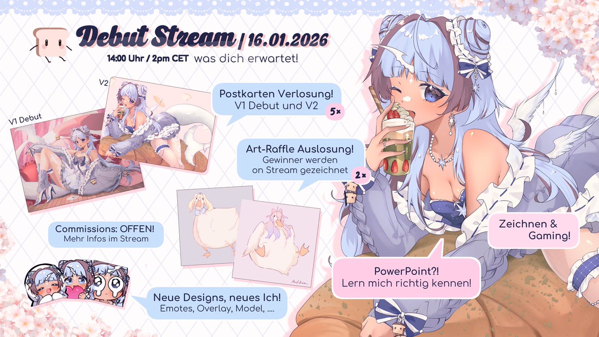 Mach dir deinen Kalender frei, kündige deinen Job, hol deine Kinder ran, 
denn morgen um 14 Uhr ist endlich mein DEBUT 🩷✨

Hier ein kleiner Wegweiser, was euch morgen erwarten wird! 
ICH HOFFE DU KOMMST 🫶🏼

#GERVtuber #VtuberDebut