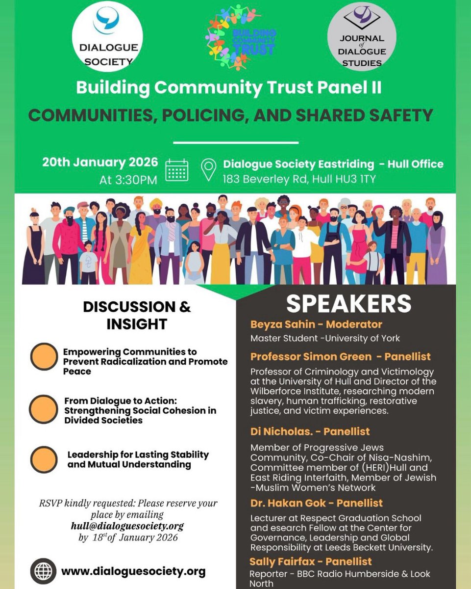 DialogueSociety's tweet photo. We are pleased to invite you to Building Community Trust Panel II on communities, policing, and shared safety. 🤝🛡️ Join us on 20 January 2026 at 3:30pm in Hull for expert insight and dialogue with leading voices. RSVP by 18 January. #CommunityDialogue #SharedSafety https://t.co/RKcjR54pwh