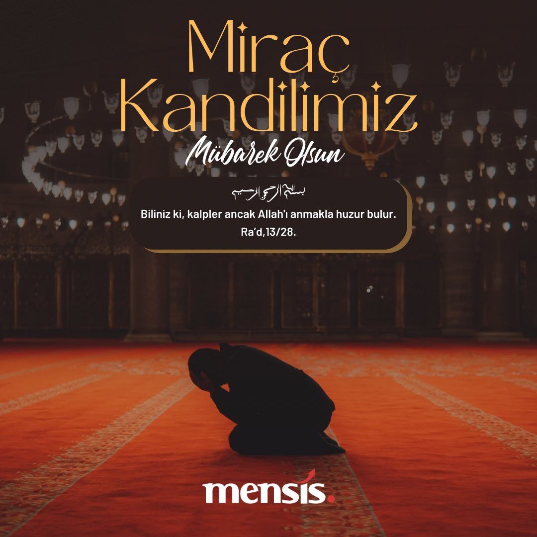Miraç Kandili’nin ülkemize, milletimize ve tüm İslam âlemine hayırlar getirmesini temenni ederiz. Bu mübarek gecede yapılan duaların kabul olmasını diler, sağlık, huzur ve bereket dolu günler niyaz ederiz. Miraç Kandiliniz mübarek olsun.