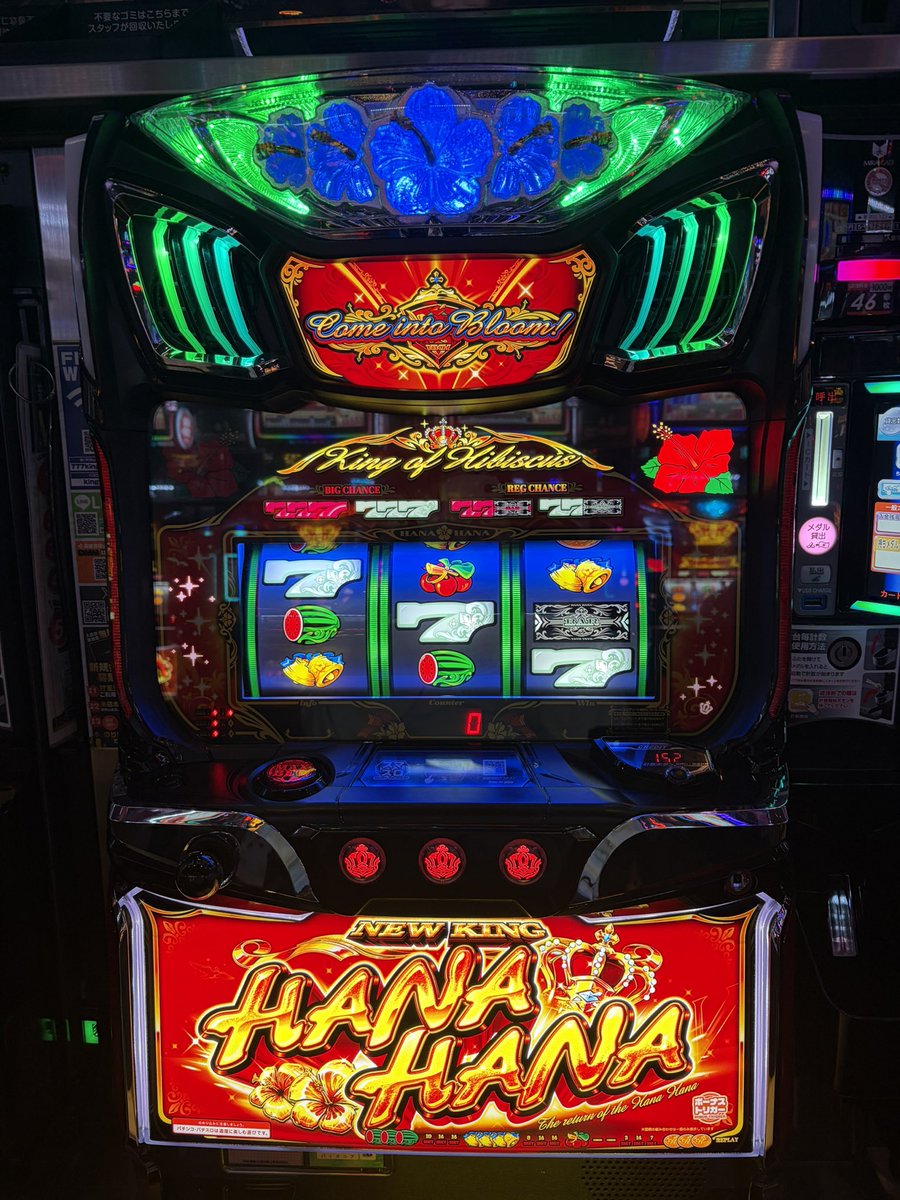 ニューキングハナハナ🌺✨ 少し前に初打ちしてきました☺️ 開始20Gくらいで🍉取りこぼした😂💦  苦手な🍉と目押しミスしないように気をつけねば‼️ 分からないことも調べて実践に活かしたいな🫡✨