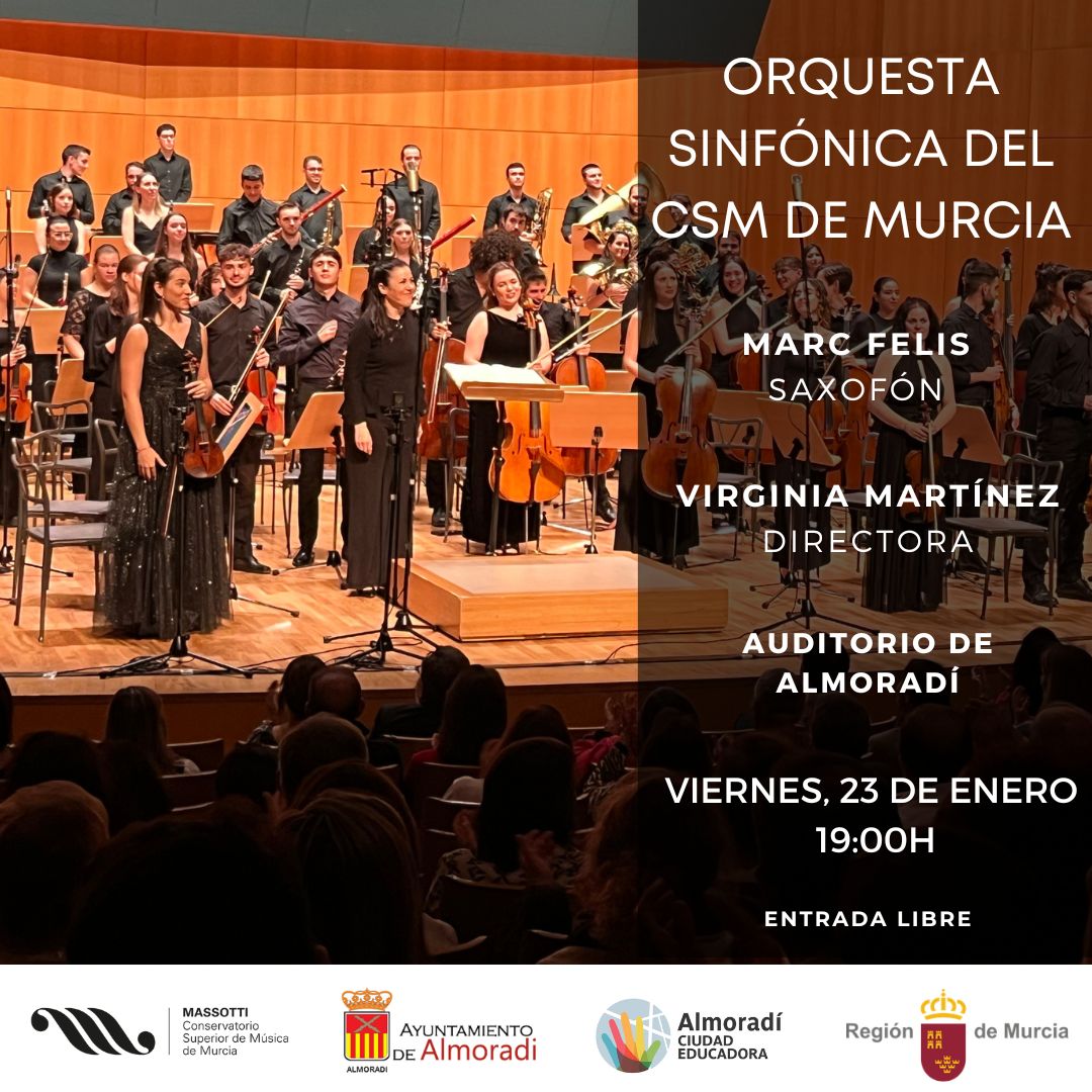 CSMMURCIA's tweet image. La Orquesta Sinfónica del Conservatorio Superior de Música de Murcia ofrece un concierto en el Auditorio de Almoradí
23 de enero
19h
Marc Felis (saxofón) solista invitado
Dirección: Virginia Martínez

🎟 Entrada libre hasta completar aforo
#CSMM