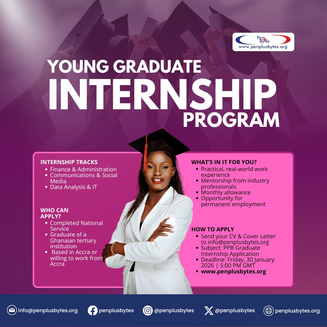penplusbytes's tweet photo. Penplusbytes is inviting applications from young Ghanaian graduates for its Young Graduate Internship Program
Internship tracks include: Finance & Administration, Comms & Social Media, and Data Analysis & IT
#Penplusbytes
#GraduateInternship
#CivicTech
#DevelopmentSector https://t.co/FHw0sokWV0