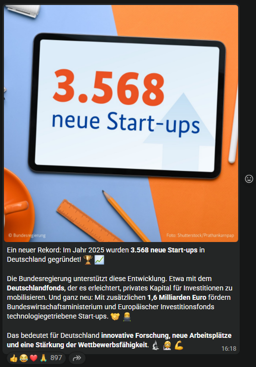 flex_static's tweet photo. Die Auskunftei Creditreform kommt in ihrer Jahresanalyse „Insolvenzen in Deutschland 2025“ auf 23.900 Unternehmensinsolvenzen – ein 10-Jahres-Hoch (höchster Wert seit 2014) und ein Plus von 8,3 % gegenüber 2024.
Unsere Bundesregierung feiert währenddessen in ihrem Whatsapp-Kanal die Stärkung der Wettbewerbsfähigkeit durch 3568 Start-ups. 
Kannste dir nicht ausdenken.