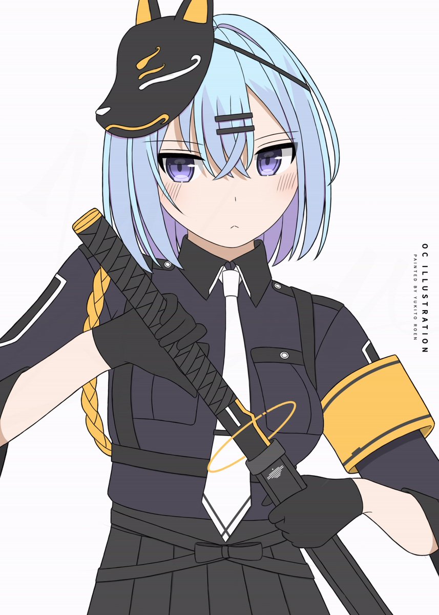 Wolfmemories23Y's tweet image. OCillust➤水色髪ショートヘア狐面制服武器少女
#オリジナル　#イラスト