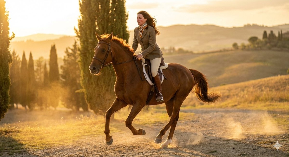 Dynamic Equestrian Model in Tuscan Fields at Golden Hour - Image 1
