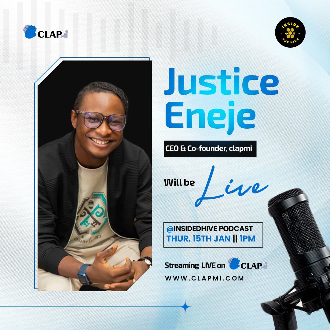 Clapmihq's tweet photo. Happening Today
@CHIEFIKENGA, CEO & Co-founder of Clapmi, goes LIVE on the @InsideDHive by @heisfeezy 

Expect real talk on what Clapmi stands for, how creators can earn for their content, and how fans can get rewarded.

🗓 Thursday, 15th Jan ⏰ 1PM 📍 Inside The Hive Podcast 🔴 Streaming LIVE on Clapmi

Set your reminder, join the live conversation, and come ready with your questions.