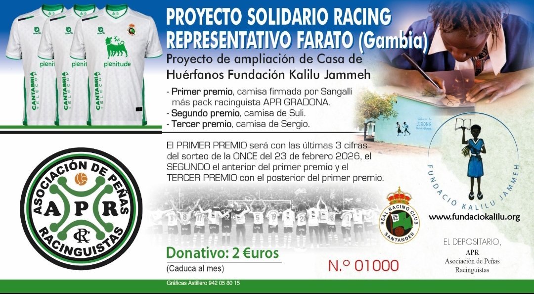 Desde hoy y hasta la fiesta del 113 Aniversario jugamos un partido muy ilusionante para nosotros: OBJETIVO 5000.  Toda la recaudación de hoy se donará íntegramente a la Fundación Kalilu. Además, tendremos sorteos de camisetas del Racing y más acciones que iremos anunciando.