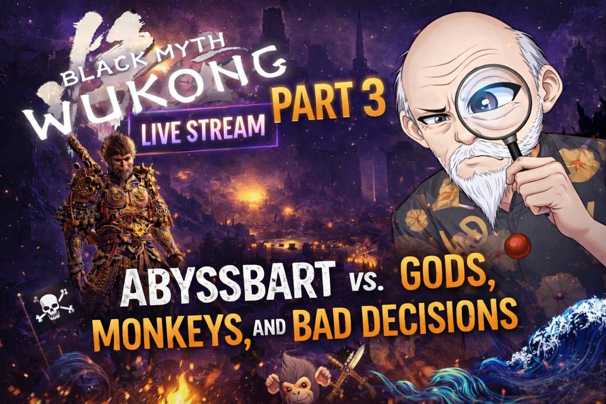 CapAbyssbart's tweet image. Black Myth Wukong continues. 🐒 More monkey chaos, worse decisions, same ancient idiot. Come watch me complain loudly.

11:00 GMT TODAY:

🔴 LIVE soon Twitch &amp;amp; Youtube  twitch.tv/captainabyssba…: youtube.com/watch?v=wpLDMS…
#BlackMythWukong #VTuber #IndieVTuber #ENVtuber #OldManVtuber