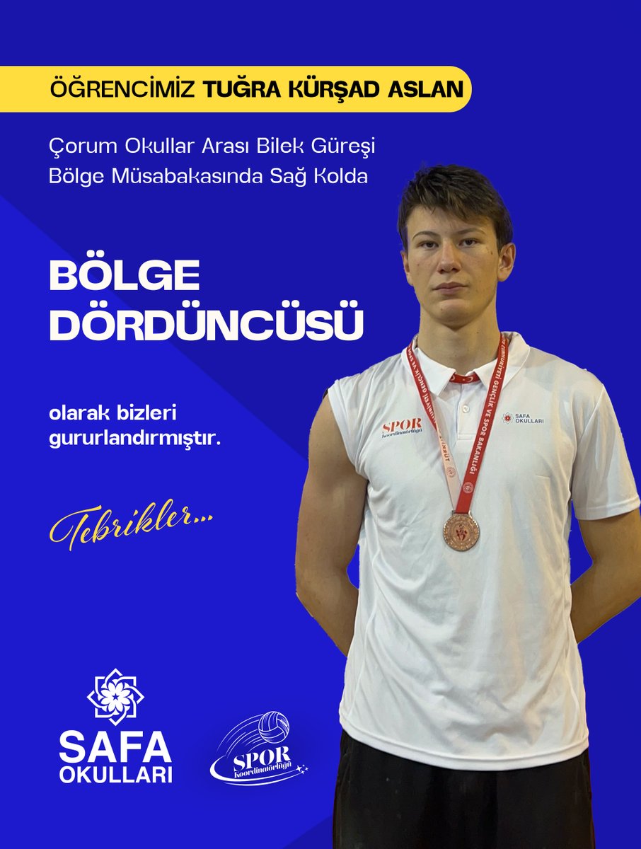 Gurur Duyuyoruz! ✨
Çorum Okullar Arası Bilek Güreşi Bölge Müsabakası’nda sağ kolda bölge 4.’sü olan öğrencimiz Tuğra Kürşad Aslan bizleri gururlandırdı.
Tebrikler! 👏🏅
#GururKaynağımız #SafaOkulları #SporcuGençlik