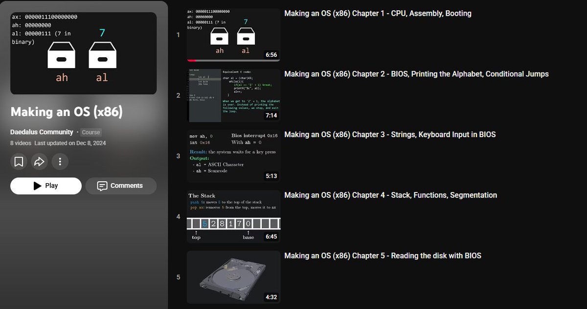 One of the most amazing series of YouTube videos I ever watched.

How to build an Operating System:

• CPU, Assembly, Booting
• BIOS and Keyboard Inputs
• Stack, Functions, Segmentation
• disk i/o
• Protected mode
• Writing a kernel

Watch it here: youtube.com/playlist?list=…