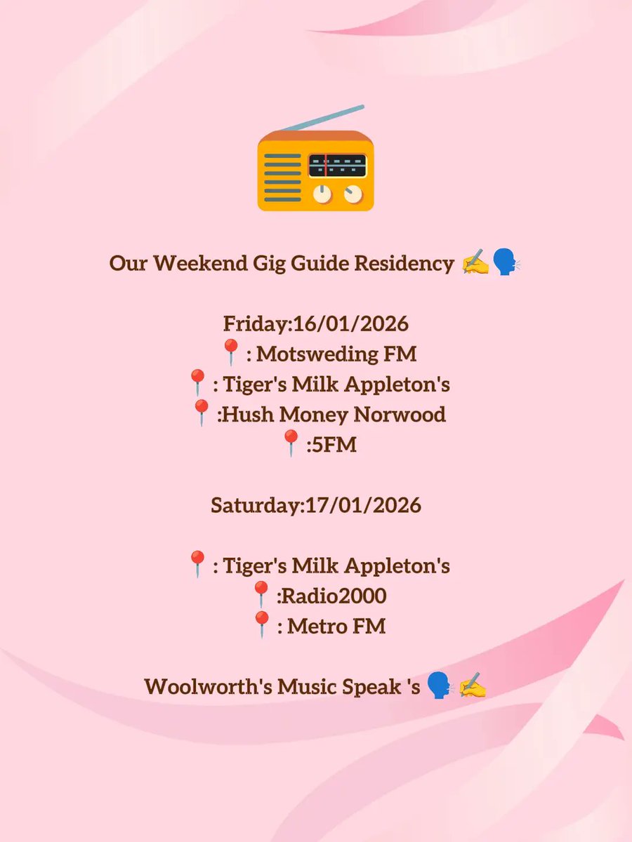 DeepEvolutions1's tweet photo. Our Weekend Gig Guide Residency ✍️ 
Woolworth's Music Speak 's 🗣️ This Weekend ✍️ 
@5FM 
@TigersMilkZA 
@METROFMSA 
@Radio2000_ZA 
@motswedingfm https://t.co/4Ux2mKYvjd