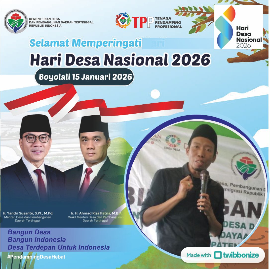 SEMARAK HDN 2026;
Mendampingi desa bukan sekadar tugas, tapi bentuk pengabdian
<a href="/prabowo/">Prabowo Subianto</a>
<a href="/gibran_tweet/">Gibran Rakabuming</a>
<a href="/YandriSusanto/">Yandri Susanto</a>
<a href="/ArizaPatria/">Ariza Patria</a>
<a href="/kemendespdt/">#BangunDesaBangunIndonesia</a>
<a href="/bpsdmkemendesa/">Bpsdm Kemendesa</a>
<a href="/dpmdjatim/">DPMD JAWA TIMUR</a>
#HariDesaNasional2026
#BangunDesaBangunIndonesia
#DesaTerdepanUtkIndonesia
#BhaktiPendampingDesa
#TPPJawaTimur