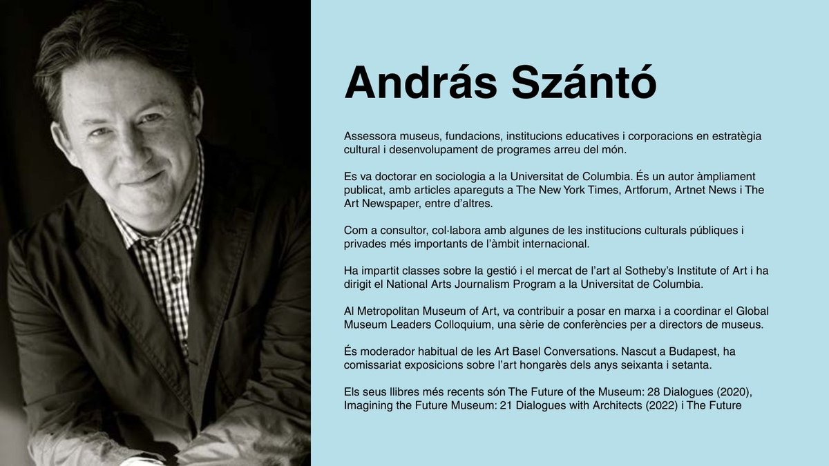 🖼️ 'Imaginant el futur dels museus' amb András Szántó, en el marc del projecte d’ampliació del MNAC.

🏛️ A la conferència s’analitzaran els canvis sistèmics en l’àmbit museístic i com les institucions s’hi estan adaptant.

📆 29/01, 12 h

👉 Inscripció gen.cat/4sWwFIC