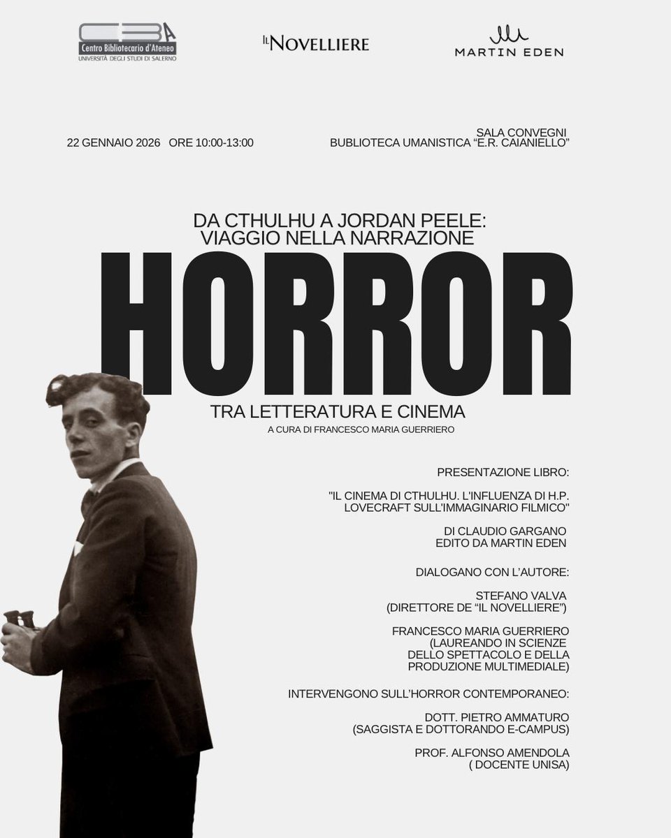 #eventinbiblio DA CTHULHU A JORDAN PEELE 🐙🎬 Un viaggio tra letteratura e cinema horror vi aspetta all'Università di Salerno!

📅 22 Gennaio | Ore 10:00 📍 Biblioteca Umanistica "E.R. Caianiello" 📖 Presentazione del libro "Il Cinema di Cthulhu" di Claudio Gargano.