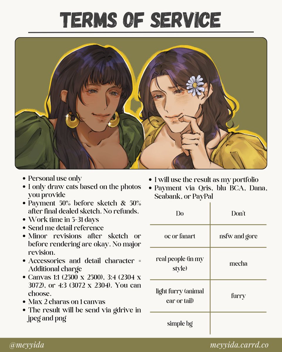 ✧⁠◝COMMISSION ART OPEN◜⁠✧

Hello!! I'm opening art commissions for LOCAL and INTERNATIONAL.

Please check the detail first in this commission sheet. Kindly dm me if you're interested~♡ 
meyyida.carrd.co

Thank you ✿(⁠.⁠ ⁠❛⁠ ⁠ᴗ⁠ ⁠❛⁠.⁠)✿