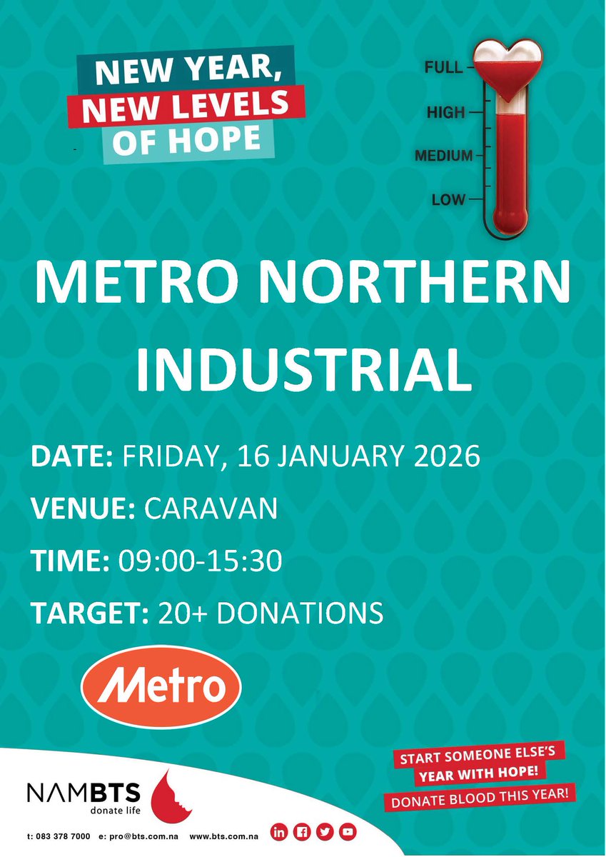 🩸One donation. Multiple lives saved🩸
Join us at Metro Northern Industrial 
this Friday, 16 January 2026,  from 09:00–15:30
You have the power to save a life. Be a hero this New Year!