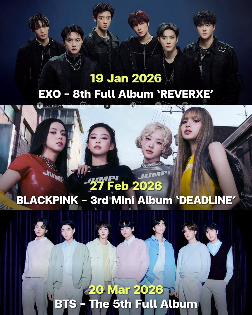 Korseries's tweet image. 2026 is officially the year of the legends' comeback!😍💗🎉

#EXO #BLACKPINK #BTS