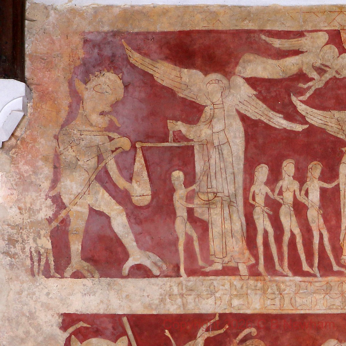 cbnewham's tweet image. Heaven and Hell

This amazing wall painting at Chaldon (Surrey, c.1170-1200) is one of England's most important medieval survivals - a complete medieval sermon in paint spanning the entire west wall.
