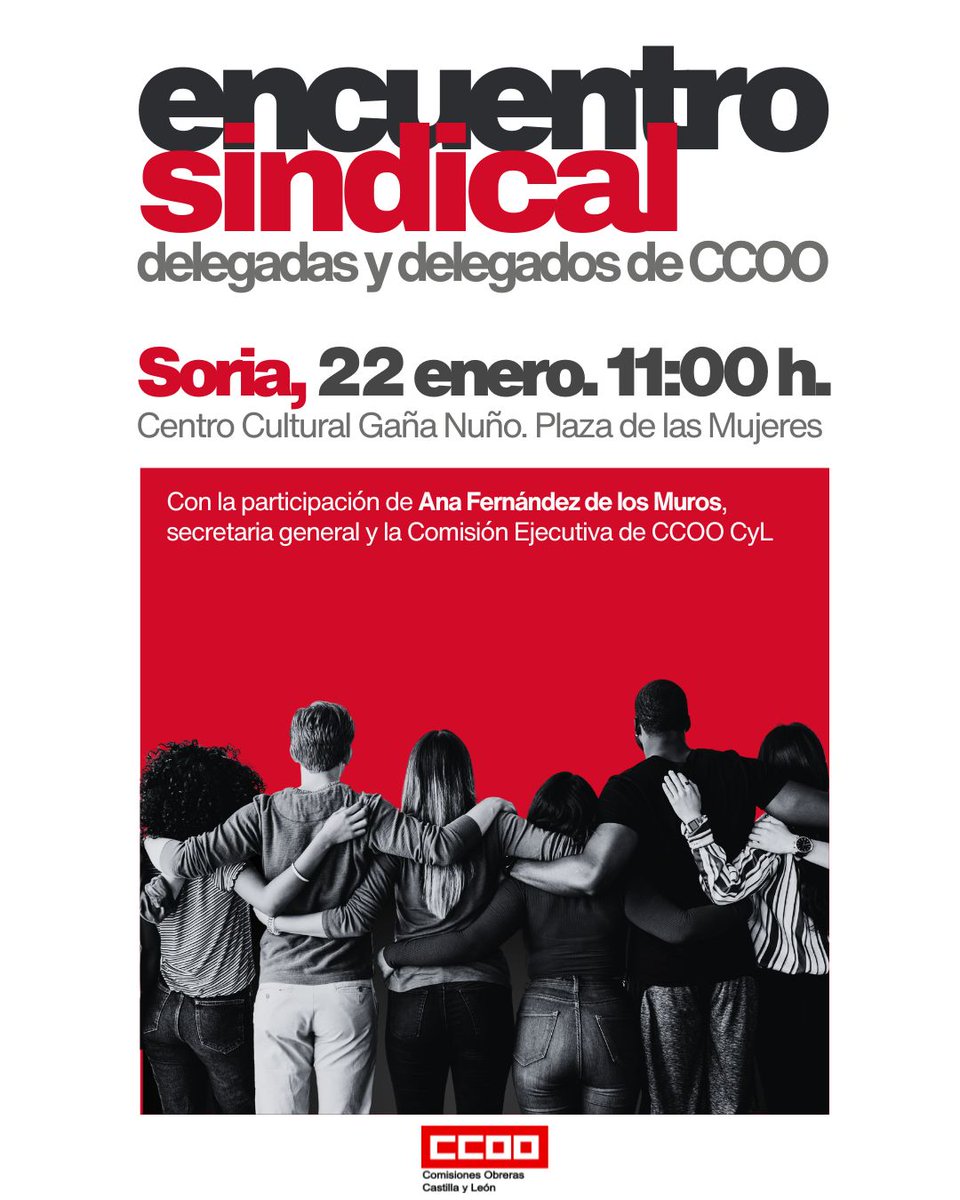 CCOOCyL's tweet image. ℹ️ Agenda CCOO CyL:

Encuentro sindical de delegadas y delegados de CCOO como espacio de diálogo, participación y fortalecimiento de la acción sindical

🗓️ 22 de enero
🕥 11h
📍 Centro Cultural Gaya Nuño, Plaza de las Mujeres (Soria)

@CCOOSoria