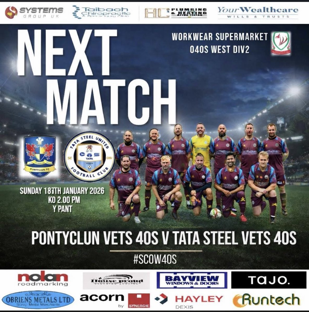 ⚽️NEXT MATCH⚽️

Pontyclun Vets 🆚 Tata Steel Vets

📅 Sunday 18th January
⏰ 2.00pm KO
📍 Y Pant

After a disappointing result last week, the boys are determined to respond and bounce back with a strong performance.

Up the Scow Vets!