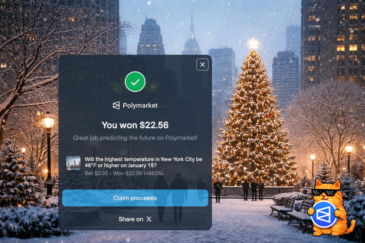 serhio_lens's tweet image. I’ve never been to New York.
But today I made almost x10 predicting its weather on Polymarket 🌦️🗽 Bet $2 → payout $22.56 (+862%).

I’m actively exploring prediction markets on right now - from sports and politics to crypto and even weather. Probably I’ll focus just on a few…