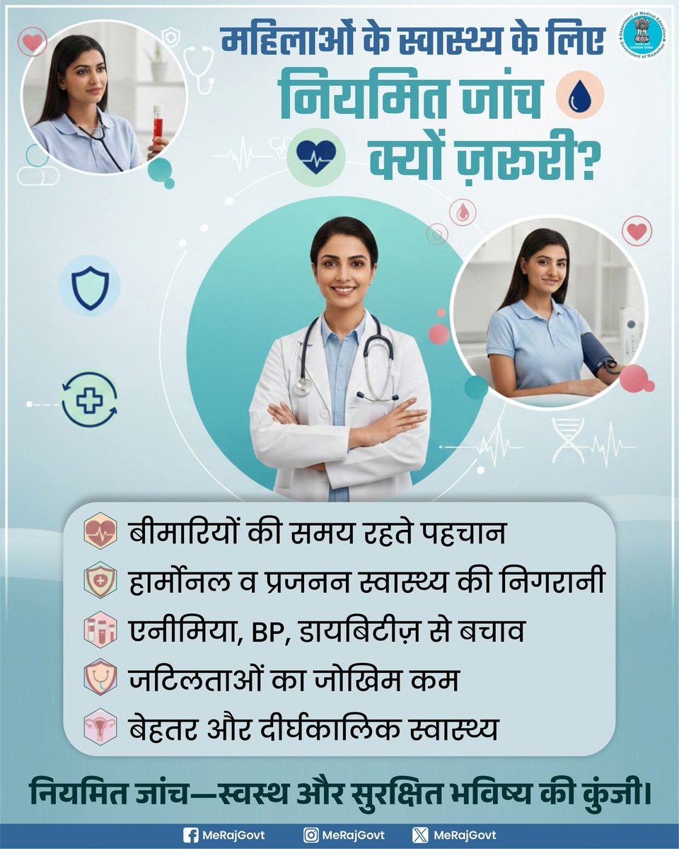 IECBhilwara's tweet image. महिलाओं का स्वास्थ्य अनमोल है। नियमित स्वास्थ्य जांच से समस्याओं की समय पर पहचान होती है व उपचार आसान बनता है। स्वयं की देखभाल को प्राथमिकता दें क्योंकि स्वस्थ महिला ही सशक्त समाज की नींव है
#WomensHealth #RegularCheckup #PreventiveCare #HealthyWomen #CareForHer #निरामय_राजस्थान