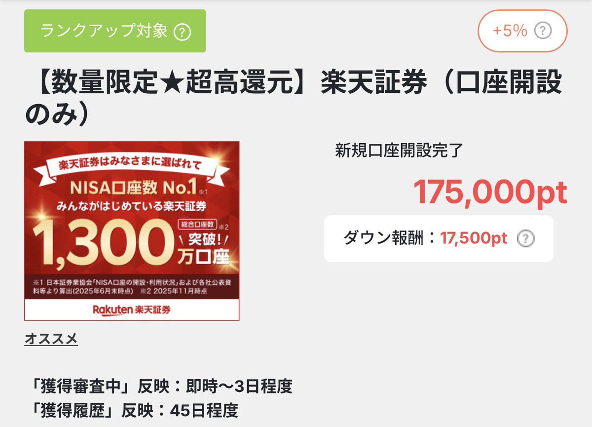 数量限定】楽天証券の案件が熱い！ ✓条件：新規口座開設のみ ✓報酬：17,500円分 ❌入金：不要 入金なしでこの還元額はすごい…。  新NISA始めたい人にもおすすめです！PR https://t.co/y5v8ncMwYN