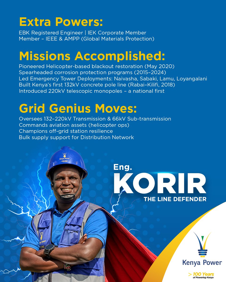 Meet Eng. George Kipkoech Korir — The Line Defender.
With over 20 years in the field, he’s the force behind Kenya’s bulk power supply and grid integrity. From helicopter-based restorations to building the country’s first 132kV concrete pole line, Eng. Korir doesn’t just maintain