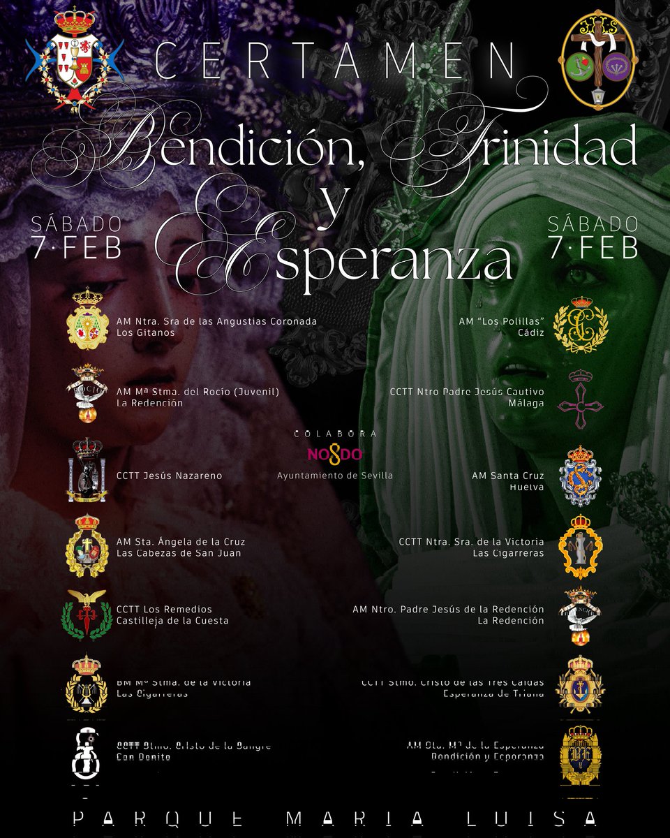 𝐁𝐞𝐧𝐝𝐢𝐜𝐢ó𝐧, 𝐓𝐫𝐢𝐧𝐢𝐝𝐚𝐝 𝐲 𝐄𝐬𝐩𝐞𝐫𝐚𝐧𝐳𝐚

📅7 de Febrero nuestra música, la de La Esperanza, sonará junto a la de otras 13 formaciones,lugar en el Parque Maria Luisa, en un certamen organizado por @hermandaddebendicion y <a href="/Hdad_Trinidad/">Hermandad de la Trinidad (OFICIAL)</a>
¡Os esperamos! 🙌🏼
