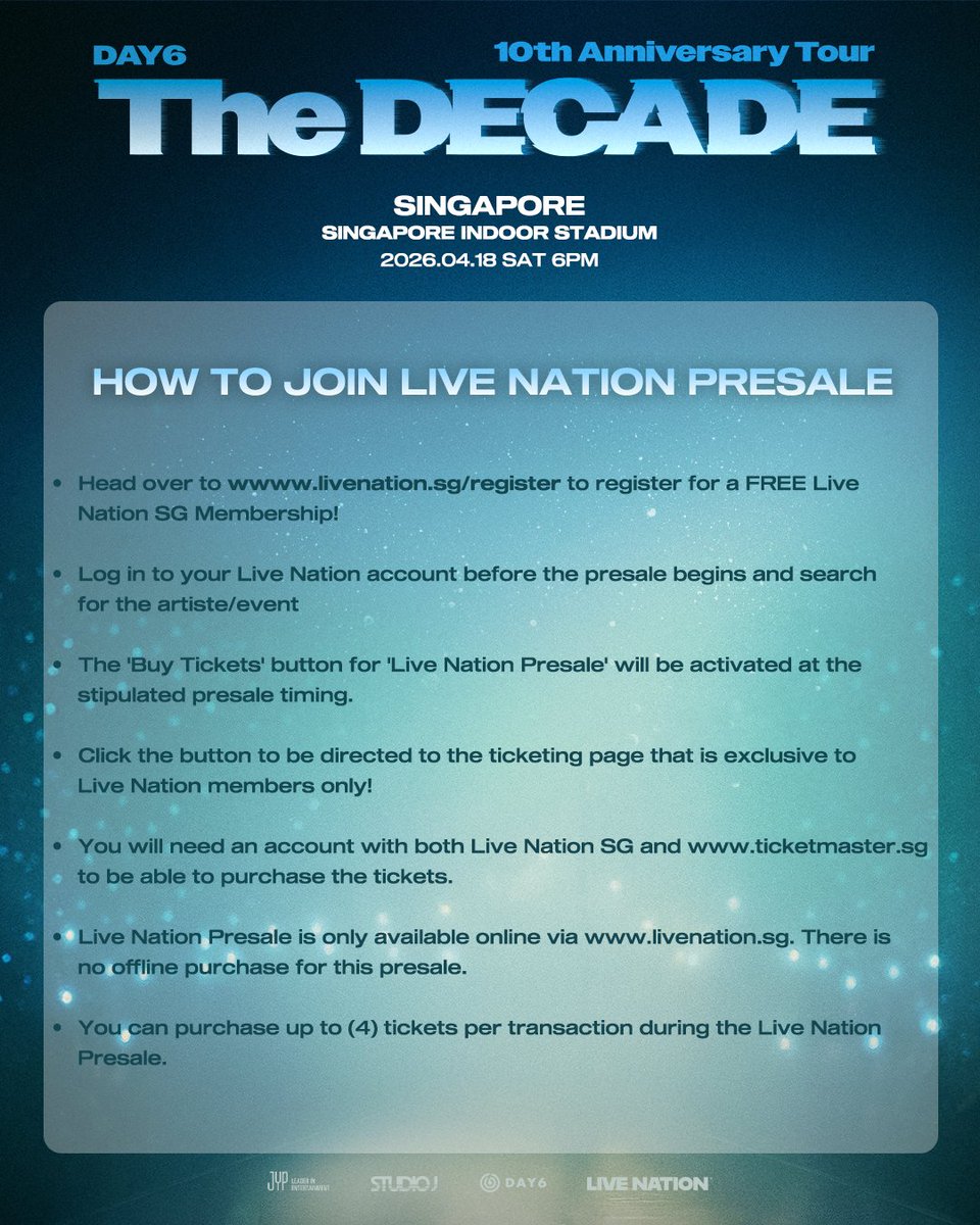 livenationsg's tweet image. 𝐓𝐡𝐞 𝐃𝐄𝐂𝐀𝐃𝐄 𝐰𝐢𝐭𝐡 𝐃𝐀𝐘𝟔 🔥

Great news, My Day! DAY6 is set to return to Singapore with their 10th Anniversary Tour &amp;lt;The DECADE&amp;gt;!

For the very first time, they will take the stage at the Singapore Indoor Stadium, marking their first-ever arena-scale world tour in…