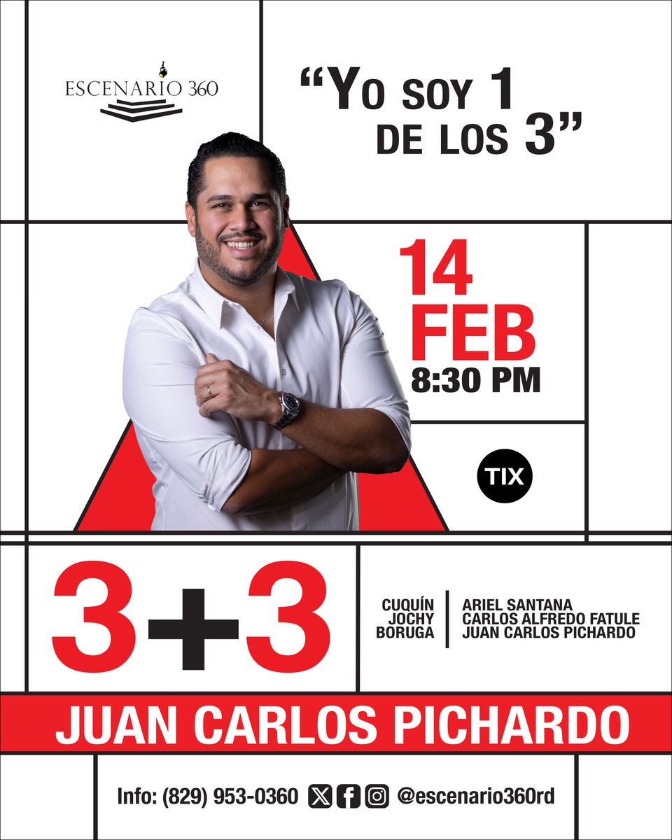 🎤 Juan Carlos Pichardo
Stand-up, música e imitaciones en una sola noche.

📅 14 feb | 8:30 PM
📍 Escenario 360
🎟️ Boletas: tix.do o en taquilla
Es 1 de los 3 del show 3 + 3. ¡No te lo pierdas!
#JuanCarlosPichardo #Escenario360 #HumorDominicano #3Mas3 #StandUpRD