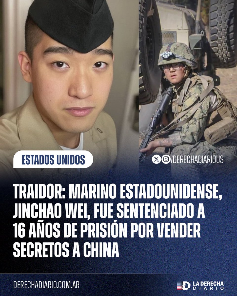 DerechaDiarioUS's tweet image. 🇺🇸🇨🇳 | EEUU NO PAGA TRAIDORES: Un marino estadounidense de ascendencia china fue sentenciado a 16 años de prisión por vender información al país asiático, presuntamente bajo presión de su madre.